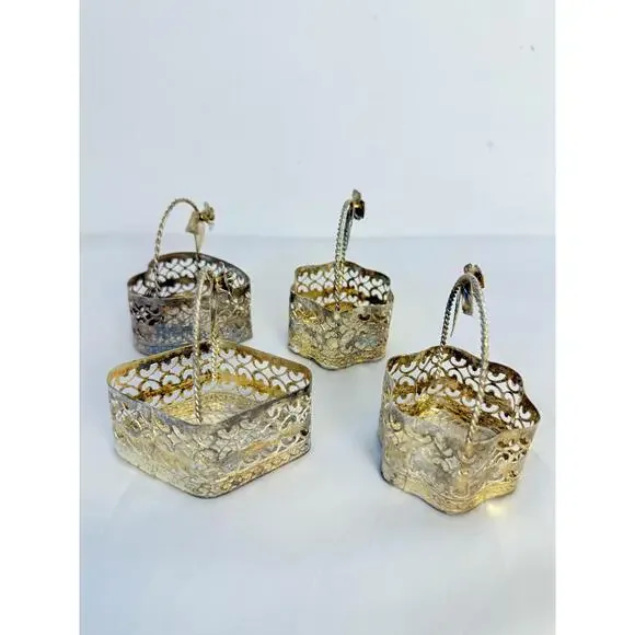 Set of 4  Silver Plated Metal Rose Handle Decorative Trinket Baskets - Picture 2 of 14